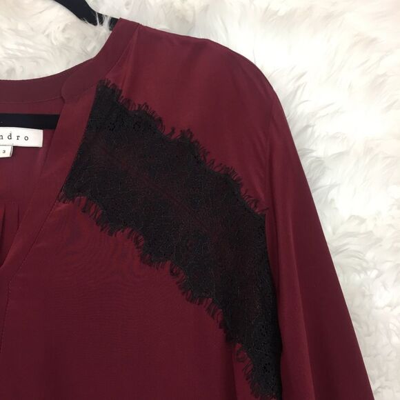Sandro Burgundy Black Lace 100% Silk Eponyme Blouse Womens Size 8 - Picture 5 of 8